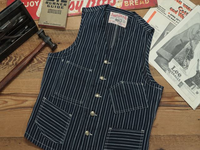 SUGAR CANE : FICTON ROMANCE 9oz INDIGO STRIPE WORK VEST [SC14370